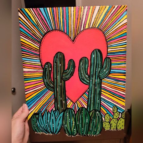 Custom Painted Canvas With Cactus Desert Scene | Color: Orange/Pink | Size: Os Big Canvas Abstract Painting, Doodle Canvas Paintings, Painting Themes Ideas, Desert Canvas Painting, Fun Things To Paint On, Easy Cute Canvas Paintings, Easy Western Paintings, Boho Painting Ideas On Canvas, Easy Cactus Painting