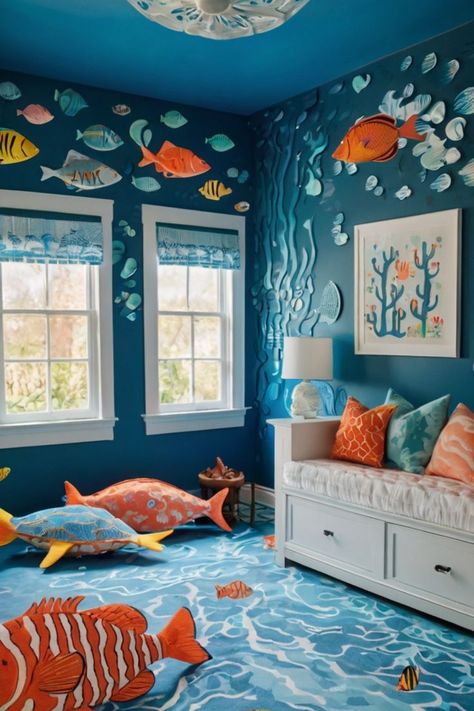 Under the sea-themed kids' playroom with blue walls, fish and coral decals, wave-like rugs, and sea creature-shaped pillows. Ocean Room, Preschool Classroom Decor, Ocean Kids, Kids' Playroom, Playroom Ideas, Preschool Classroom, Ocean Themes, Fish Art, Kids Playroom