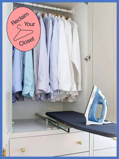 This $85 Retractable Ironing Board Can Fit in Your Closet | domino Ikea Mydal, Pull Out Ironing Board, Pretty Closets, Ikea Uk, Ikea Wardrobe, Bunk Beds Built In, Ikea Closet, Ikea Pax Wardrobe, Pax Wardrobe