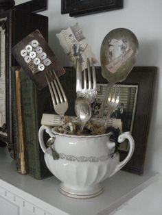 Nostalgic Decoration, Tricia Guild, Craft Show Displays, Vintage Display, Booth Display, Vintage Silverware, Photo Holders, Store Displays, Vintage Crafts