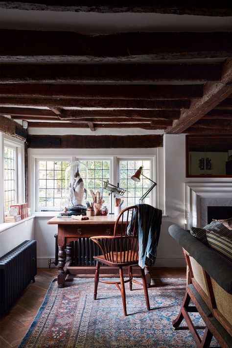 Christopher Howe creates a timeless interior for a higgledy-piggledy house in Bray | House & Garden Anglepoise Lamp, Deco Champetre, Timeless Interior, Affordable Interior Design, Eclectic Furniture, Cottage Interiors, Wood Beams, Main Bedroom, Cozy Cottage