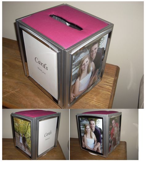 Our card box made out of picture frames that we can reuse after the wedding. It's on a lazy susan and turns too Card Box Diy, Graduation Card Box Ideas Diy, Card Box Ideas, Modern Wedding Diy, Diy Card Box, Wooden Card Box, Box Picture Frames, Diy Photo Frames, Gift Card Boxes