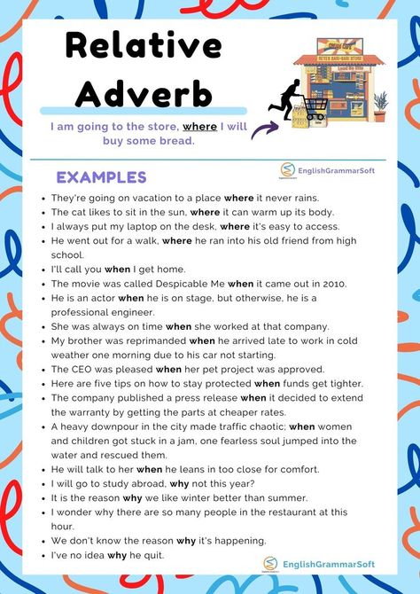 Relative Adverb Examples & Definition Adverb Examples, Relative Adverbs, English Grammar Notes, Relative Pronouns, Study English Language, Learning Phonics, English Grammar Worksheets, English Vocab, Learn English Grammar