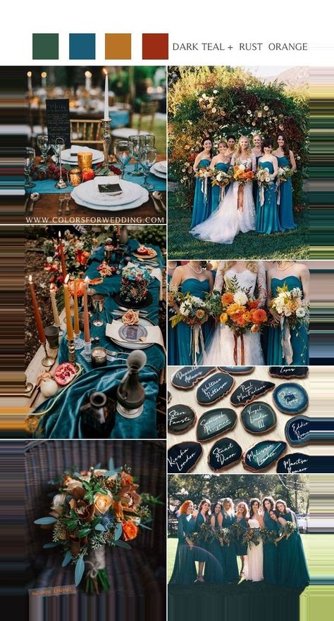 Rust Orange Wedding, Dark Teal Weddings, Wedding Schemes, Teal And Rust, Teal Wedding Colors, Orange Wedding Colors, Fall Wedding Color Schemes, Wedding Color Ideas, Burnt Orange Weddings