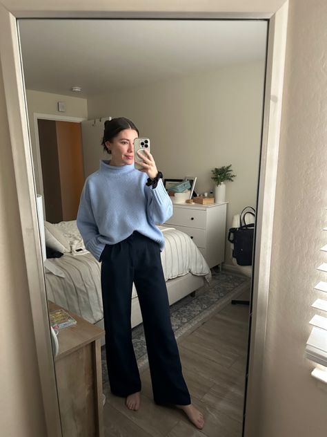 Wide Leg Blue Pants Outfit Work, Tailored Pants Outfit Fall, Grey Blue Sweater Outfit, Styling Blue Trousers, Blue Pants Office Outfit, Blue Off Shoulder Sweater, Business Casual Outfits Law Firm, Work Outfit Blue Pants, Light Blue Work Outfit