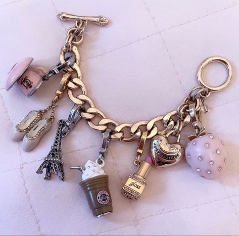 2000s Charm Bracelet, Juicy Charm Bracelet, Y2k Charm Bracelet, 2010s Jewelry, Juicy Couture Charm Bracelet, Tower Makeup, 2010 Jewelry, Hanna Marin Aesthetic, 2000 Jewelry