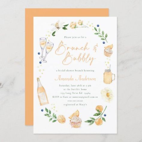 $2.55 | Brunch and Bubbly Champagne Bridal Shower Party #watercolor, muffins and mimosas, party invitation, orange invitation, bridal shower, bachelorette party, brunch and bubbly, champagne, rustic, floral Muffins And Mimosas, Orange Invitation, Bridal Shower Brunch Invitations, Bridal Shower Champagne, Brunch And Bubbly, Brunch Bubbly, Bridal Brunch Invitations, Bridal Shower Brunch, Bridal Brunch