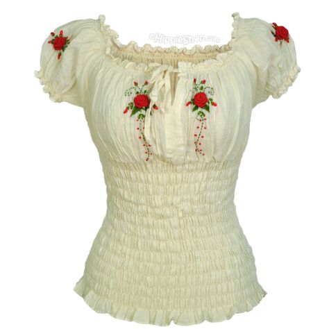 via HippieShop Pretty Shirts For Women, Peasant Blouses Pattern, White Embroidered Blouse, White Corset Top, Hippie Shop, Hippie Clothing, Corset Blouse, White Short Sleeve Blouse, White Cotton Blouse