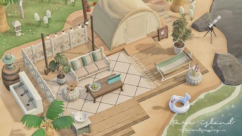 Acnh Campsite Inspiration Beach, Acnh Happy Home Paradise Pecan, Acnh Island Campsite Ideas, Animal Crossing Beach Campsite Ideas, Acnh Short Simple Panel Ideas, Modern Acnh Island, Acnh Hammock Design, Acnh Island Towncore, Acnh Island Plan