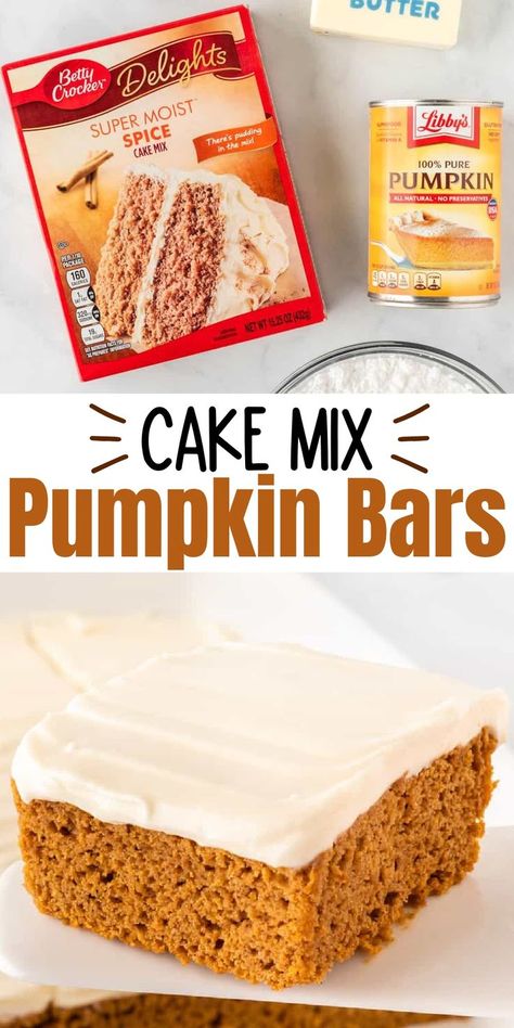 Cake Mix Pumpkin Bars, Spice Cake Mix Recipes, Cake Mix Pumpkin, Pumpkin Cake Mix, Moist Spice Cake, Homemade Cream Cheese Frosting, Pumpkin Dump Cake Recipe, Spice Cake Mix And Pumpkin, Cake Bars Recipe