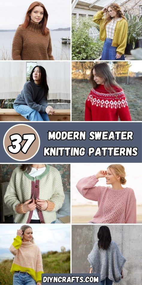 37 Modern Sweater Knitting Patterns Easy Knit Sweaters For Beginners, Icelandic Sweaters Pattern, Free Knitting Patterns For Women Sweater, Knit Sweater Free Pattern, Free Knit Sweater Patterns, Knitted Sweater Patterns, Easy Knit Sweater, Fair Isle Knitting Patterns Free, Modern Sweater