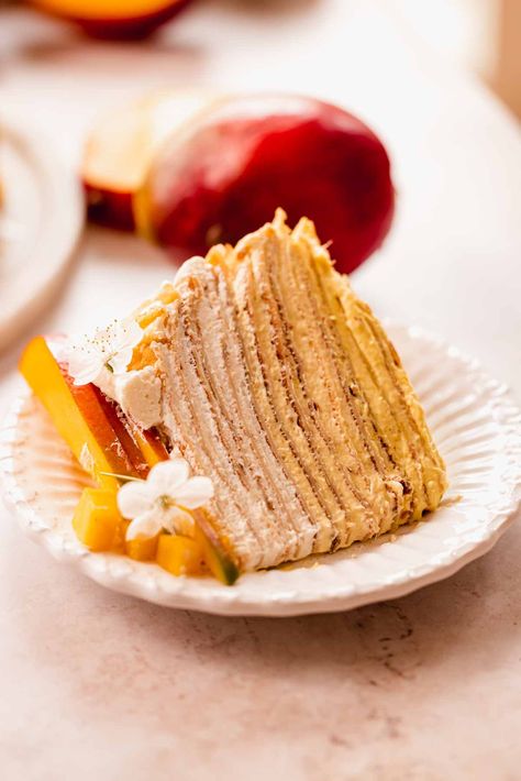 Mango Crepe Cake with Easy Homemade Crepes - Flouring Kitchen Mango Crepe, Mascarpone Filling, Homemade Crepes, Crepe Batter, Crepe Cake, Mango Puree, Mango Flavor, Favorite Dessert Recipes, Fudgy Brownies