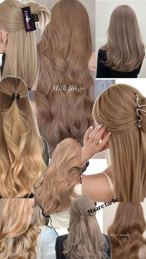 Color Hair Light Brown, Strawberry Champagne Hair Color, Bond Hair Color, Brown Hair With Light Brown Balayage, Milky Hair Color, Solid Dark Blonde Hair, Cinnamon Roll Hair Color, Milk Beige Hair, Olive Beige Hair Color