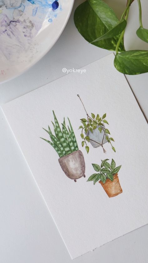 Watercolor Potted Plants Tutorial, Watercolor Succulents Easy, Watercolor House Plants, Watercolor Plants Tutorial, Watercolor Plants Simple, Watercolor Art Plants, Watercolor Cat Easy, Cute Watercolor Ideas, Watercolour Plants