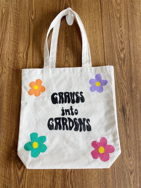 Tote Bag Painting Ideas Christian, Diy Tote Bag Painting Ideas, Tote Bag Painting Ideas, Graves Into Gardens, Bag Painting Ideas, Bible Study Crafts, Connect Group, Bible Tote Bag, Decorated Tote Bags