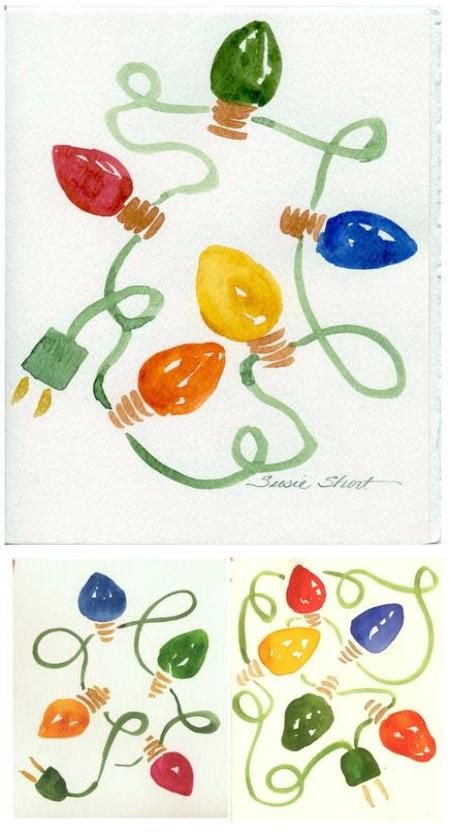 #handmade cards #christmas I've always been I fan of big colored lights. Much more fun than those white ones.  @Susie Sun Sun Short's Watercolor Christmas Cards Xmas Watercolor, Christmas Watercolors, Cards Painting, Painting Cards, Watercolor Christmas Card, Painted Christmas Cards, Colored Lights, Christmas Card Art, Watercolor Christmas Cards