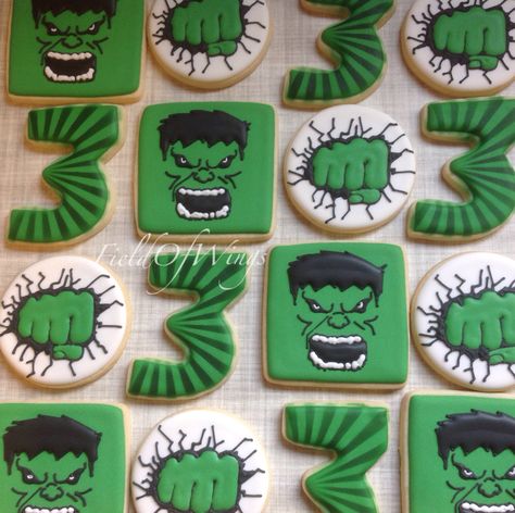 Incredible Hulk Sugar Cookies || Field Of Wings Hulk birthday cookie set #fieldofwings Hulk 3rd Birthday Party, Hulk Cakesicles, Hulk 1st Birthday Party, Hulk Cookies Decorated, Hulk Birthday Cupcakes, Hulk Birthday Party Snacks, Hulk Birthday Cookies, Hulk Cookies, Hulk Cupcakes Ideas