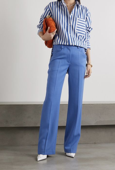 Blue Wide Leg Pants Outfit, Blue Bodysuit Outfit, Blue Trousers Outfit, Camel Pants, Victoria Beckham Outfits, Dressy Casual Outfits, Body Suit Outfits, Blue Trousers, Fashion 2024