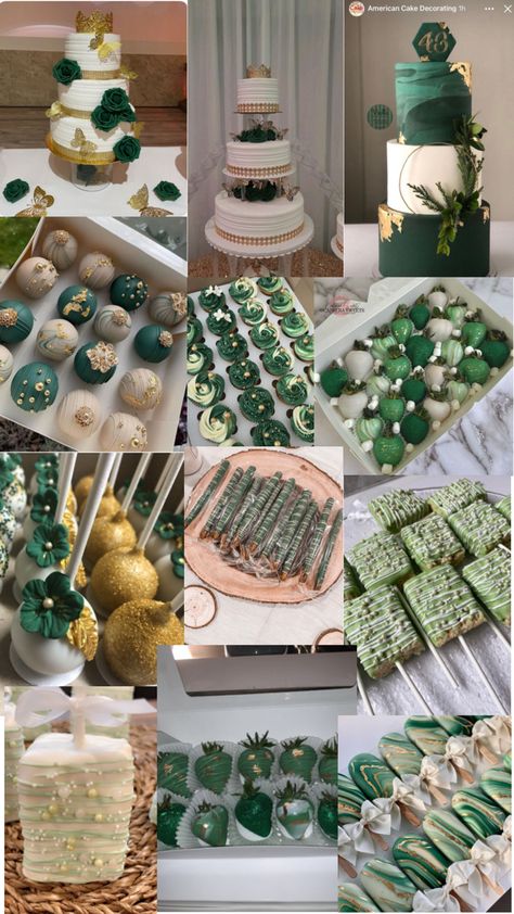 Green Cakes For Quinceanera, Cake For Quinceanera Green, Emerald Green Snack Table, Emerald Green Forest Quinceanera Theme, Sweet 16 Forest Green, Green Xv Decorations, Forest Sweet 16 Theme, Green Gold Quinceanera Theme, Enchanted Forest Dessert Table Sweets