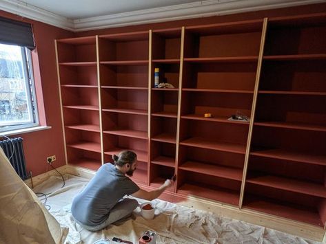 Cosy Home Office, Living Room Storage Wall, Billy Hack, Dining Room Library, Bookcase Hack, Oak Bookshelves, Office Transformation, Billy Bookcase Hack, Painted Bookshelves