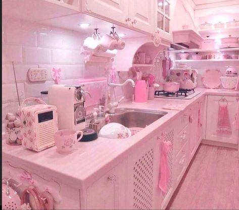 { not my photo } Kawaii Kitchen Decor, Cute Pink House Aesthetic, Cutecore Kitchen, Kawaii Kitchen, Pink Kitchens, Pink Kitchen Aesthetic, Aesthetic Pink Kitchen, Cute Pink Kitchen Aesthetic, Pink Hello Kitty Kitchen