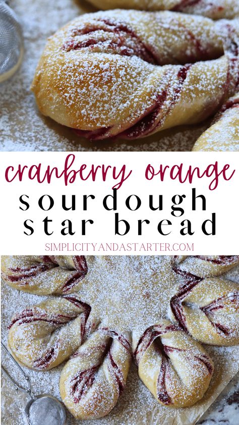 Cranberry Orange Sourdough Star Bread is a festive treat featuring a tangy sourdough star filled with a delightful homemade orange cranberry sauce, creating a perfect balance of sweetness and tartness. The decorative star shape, adorned with a dusting of confectioner's sugar, adds a visually stunning touch to this holiday-inspired baked delight. Star Bread Sourdough, Sourdough Christmas Star Bread, Sourdough Chocolate Star Bread, Decorative Sourdough Bread, Sweet Sourdough Starter, Sourdough Star Bread Recipe, Sourdough Orange Rolls, Sourdough Star Bread, Sourdough Christmas Gift