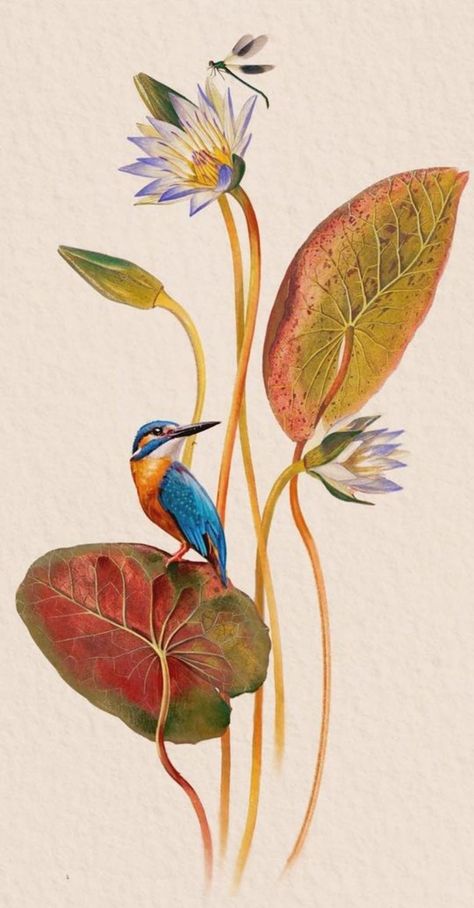 Animal Flower Painting, Tropical Plants Illustration, Vietnam Art, Fabric Painting Techniques, Animal Illustration Art, Desenho Tattoo, Flower Art Painting, Hand Painting Art, Kingfisher