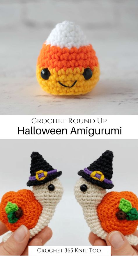 These crochet Halloween amigurumi are to die for! #crochet #crochet365knittoo #crochethalloween #crochetamigurumi #amigurumi Free Amigurumi Halloween Patterns, Easy Halloween Amigurumi Free Pattern, Crochet Mini Halloween, Mini Halloween Crochet Patterns Free, Crocheted Halloween Ideas, No Sew Halloween Crochet, Quick Halloween Crochet Patterns Free, Crochet Halloween Ornaments, Crochet Patterns For Halloween