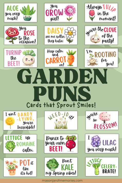 Garden Puns Encouragement Cards to Spread Joy. Each card has a punny spring pun and adorable springtime pictures. Pass these business card size garden pun cards out to make people smile. Perfect for Garden Lovers.

https://masonjarofmemories.etsy.com/listing/1695579230 Spring Puns, Funny Gardening Quotes, Gardening Puns, Doodle Bookmarks, Herb Puns, Gardening Jokes, Puns Cute, Wedding Puns, Thanksgiving Puns