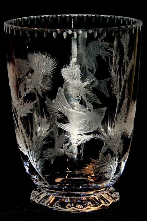 Goldfinches Hand Engraved Crystal Vase by Catherine Miller of Catherine Miller Designs* Technique-stone wheel & diamond point * engraved both sides Glass Engraving, Engraved Crystal, Art Of Glass, Crystal Glassware, Crystal Vase, Fenton Glass, Gorgeous Glass, Glass Vases, Crystal Art