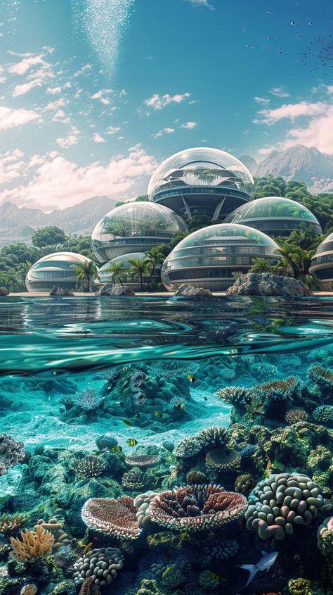 Dive into the mesmerizing depths of our latest artwork and embrace the tranquility of a futuristic underwater world. Save & follow us on Visual Imagine for more breathtaking visuals. Beneath the waves lies a cityscape unlike any other, with domed structures glistening under the sea's surface, merging modernity with marine mystery. #FuturisticUnderwater #DigitalArt #ModernAesthetics #VisualImagine #ArtInspiration #SustainableCities #AiImage Underwater Alien Concept, Underwater Civilization, Under The Sea Artwork, Underwater Observatory, Solarpunk Art, Underwater Base, Futuristic Setting, City Under The Sea, Futuristic World