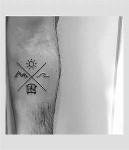 Behind Bicep Tattoo For Men, Anywhere With You Tattoo, Minimalist Travel Tattoo Men, Men Travel Tattoo, Outdoor Tattoos Women, End Of The World Tattoo, Camper Tattoo Ideas, Inner Bicep Tattoo Men Simple, Camper Tattoos