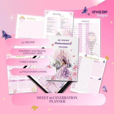 Quinceañera Digital Planner / Sweet 15 Favors / Digital Planner Sweet 15 / Princess Quinceanera theme by Anozzerdesigns on Etsy Princess Quinceanera Theme, Quince Favors, Quinceanera Theme, Notes Creative, Wardrobe Planner, Check Lists, Elegant Theme, Letter Find, Quinceanera Themes