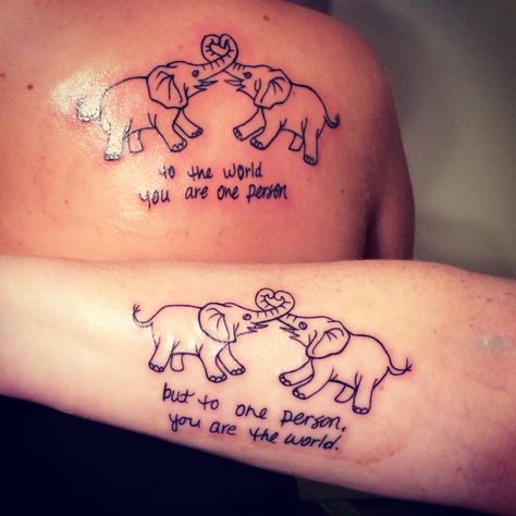 Mine and my mom's matching tattoos. (: Tattoo Idea Mom And Son, Mom And Daughter Tattoos Matching Elephants, Wholesome Tattoo Ideas, Matching Tattoos For Aunt And Nephew, Matching Elephant Tattoos Mom, Tattoo For Neices, Sister Elephant Tattoos, Matching Tattoos Godmother And Goddaughter, Matching Tattoos For Uncle And Niece