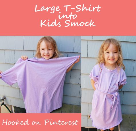 Hooked on Pinterest: Large T-Shirt into Kids Smock Diy Kids Art Smock, Diy Smock, Diy Kids Paint, Kids Art Smock, Kids Smock, Diy Kids Art, Toddler Painting, Art Smock, Toddler Art Projects