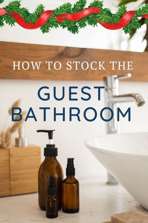 How to stock the guest bathroom. Three amber colored bottles on a white bathroom counter. Styling Guest Bathroom, Guest Bathroom Ideas Toiletries, Guest Bathroom Tray Ideas, Guests Bathroom Ideas, Guest Bathroom Products, Toiletries For Guests, Guest Room Bathroom Essentials, Items For Guest Bathroom, Small Lake House Bathroom