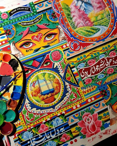 Hibah Moueen Yasin on Instagram: “Working on a "Truck Art" pattern... ~ poster paints on archival paper . . #art #artista #artist #artistsoninstagram #artistic #artwork…” Pakistani Truck Art Painting, Truck Art Pakistan Pattern, Truck Art Pattern, Truck Art Painting, Truck Art Pakistan, Truck Painting, Pakistani Art, Pattern Poster, Poster Paint