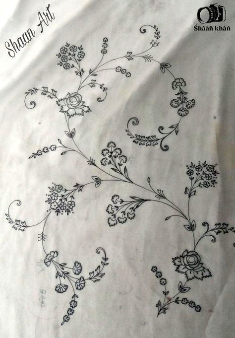 Jal Work Embroidery, Embroidery Jall Design, All Over Jaal Embroidery Design, Jal Embroidery Designs, Embroidery Jaal Design, Embroidery Drawings, Jaal Design, Flower Drawing Design, Border Embroidery Designs