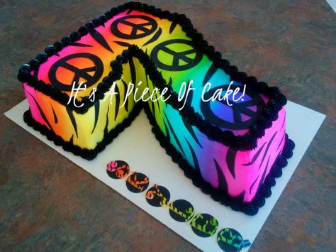 Peace Sign and Zebra Print/Buttercream Icing - by itsapieceofcake @ CakesDecor.com - cake decorating website 7 Number Cake, Peace Sign Cakes, Buttercream Icing Cake, Tie Dye Birthday Party, Airbrush Cake, Neon Cakes, Tie Dye Birthday, 7 Number, 7 Cake