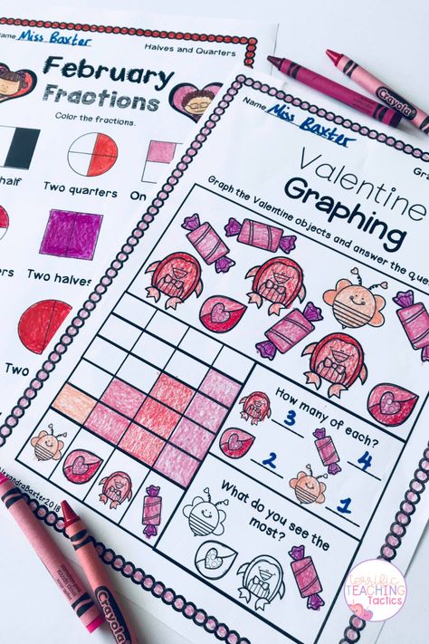 Valentine's Day Math Worlsheets Valentines Fractions 3rd Grade, Valentines Day Centers First Grade, Valentine Subtraction Kindergarten, Valentines Day Math First Grade, Valentines Day Math, Valentine Math Worksheet, Counting By 2, February Math, Teaching Addition