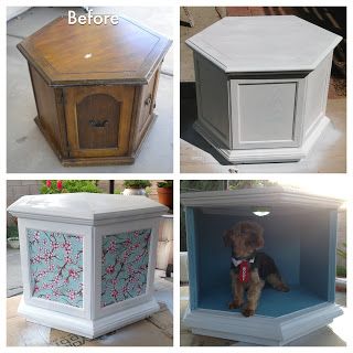 From dated table to chic dog bed/side table so cute Dog Beds Made From Furniture, Dog Bed Side Table, Chic Dog Bed, End Table Dog Bed, Restoring Old Furniture, Bed Side Table, Diy Dog Bed, Dog Bed Furniture, Cool Dog Beds