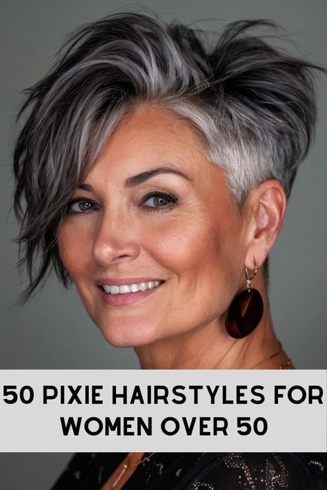 Undercut Grey Hairstyles Women, Great Short Haircuts, Short Shaggy Grey Hairstyles, Super Short Grey Hair, Pixie Haircut For Gray Hair, Pixie Undercut Haircut, Undercut Over 50, Shaved Nape Pixie, Stacked Shaggy Bob