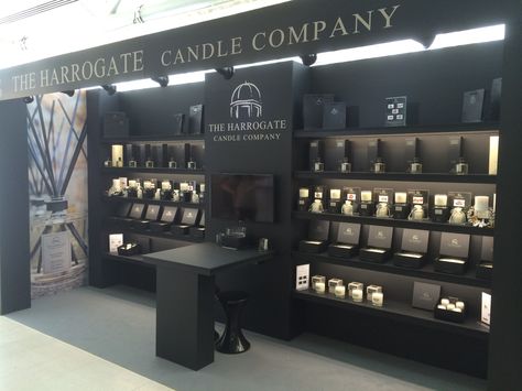 The ladies at The Harrogate Candle Company did the Harrogate home and gift Trade show, this was there amazing looking stand! Perfume Booth Display, Candle Trade Show Display, Candle Exhibition Display, Retail Candle Display Ideas, Candle Shop Interior, Candle Display Retail, Candle Store Display, Candle Booth, Candle Logo Design