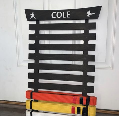 Martial arts belt holder Colored Stained Wood, Martial Arts Belt Rack, Martial Arts Belt Holder, Martial Arts Belt Display, Martial Arts Belt, Judo Karate, Martial Arts Belts, Belt Rack, Belt Display