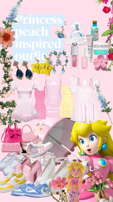 Princess peach inspired outfit board #mariobrothers #princesspeach #beauty #outfitinspo #games Princess Peach Inspired Outfit, Peach Inspired Outfit, Peach Clothes, Mario Brothers, Inspired Outfits, Princess Peach, The Balm, Outfit Inspirations, Beauty