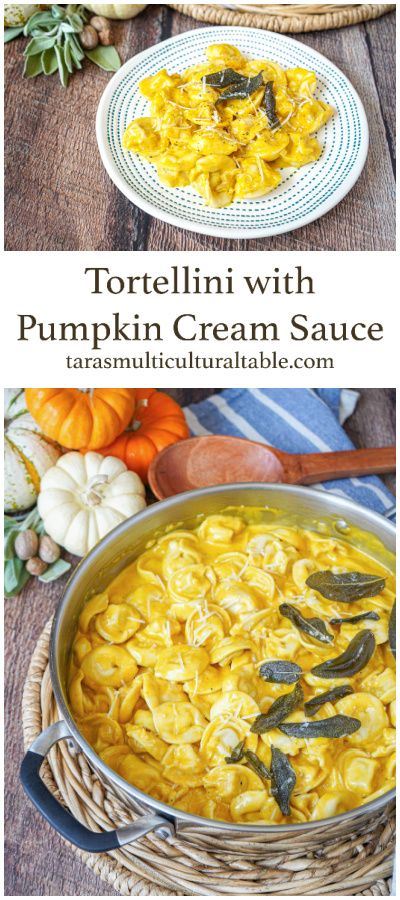 A recipe for Tortellini with Pumpkin Cream Sauce- Tara's Multicultural Table- Tortellini are tossed in a cream sauce flavored with pumpkin puree, onion, garlic, Parmesan, and a little nutmeg. Pumpkin Tortellini, Pumpkin Pasta Recipe, Pumpkin Breakfast Recipes, Pumpkin Recipes Dinner, Cold Pasta Dishes, Pumpkin Breakfast, Pumpkin Sauce, Pumpkin Pasta, Tortellini Recipes