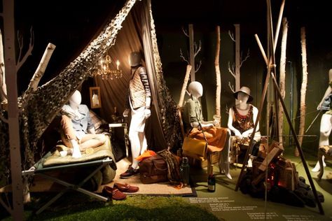 camping display Fishing Room Decor, Charity Shop Display Ideas, Fragrance Display, Summer Display, Summer Window Display, Fashion Window Display, Park Signage, Merchandising Ideas, Summer Window