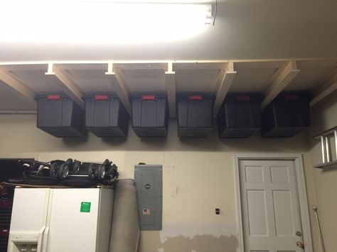 Garage Organization Ideas Overhead, Basement Overhead Storage, Container Storage Garage, Roof Storage Garage, Storage Container Organization Garage, Garage Organization Ceiling, Overhead Shed Storage, Garage Upper Storage, Garage Bin Storage Ceiling