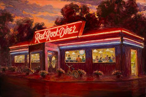 Teresa Vito - Red Rock Diner- Oil - Painting entry - June 2014 | BoldBrush Painting Competition Diner Painting, Vintage Diner, Painting Competition, Art Magazine, Southwest Art, Art Pencil, Artwork Images, Cinematic Photography, Rock Cafe