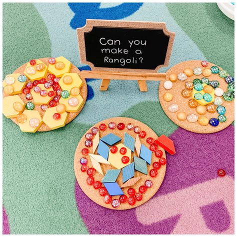 A Pinch of Kinder - Diwali in Kindergarten: Can you make a Rangoli with loose parts? November Provocations Kindergarten, Diwali In The Classroom, Diwali Play Ideas, Celebrations Eyfs Activities, Diwali Ks1 Activities, Diwali Ideas For Preschool, Divali Eyfs Activities, Diwali For Kindergarten, Diwali Crafts For Kindergarten